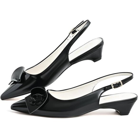 Sicare Slingback Heels Pumps Synthetic Black Women Flower Block Heel Dress Shoes - Picture 6 of 12